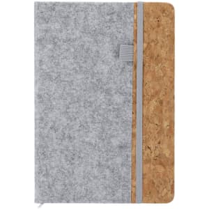 A notepad featuring a grey felt cover with a cork side and a silver zipper closure. Includes a logo.