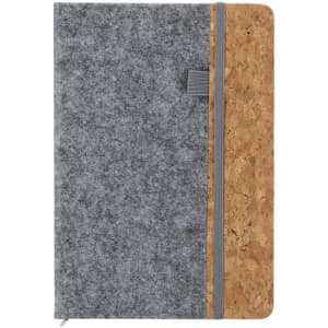 A grey notepad with a cork cover section and a grey zipper. It has a logo on the front.
