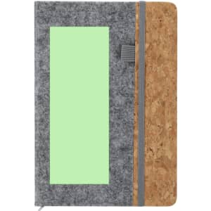 A grey notepad features a cork side and a green panel, secured with a grey elastic closure. It has a logo on the front.