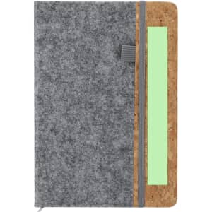 A grey notepad with a cork side panel and a small green section, featuring a closure and a logo.