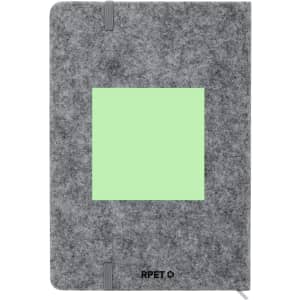 A grey notepad with a felt texture and a green square cut-out on the cover. It includes a logo.