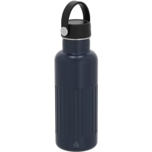 A drink bottle in navy blue with a textured design and a black lid featuring a handle. It has a logo.