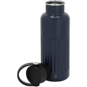 A drink bottle in navy blue with a ribbed design, accompanied by a black screw-on cap. Features a logo.