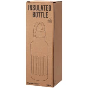 A drink bottle in navy colour, featuring an insulated design, packaged in a cardboard box. It has a logo.
