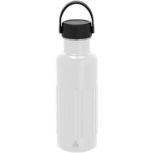 A drink bottle in white with a black lid and handle, featuring a textured design and a logo.