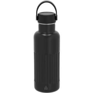 A drink bottle in matte black with a textured grip and a metal lid featuring a carry handle. It has a logo.