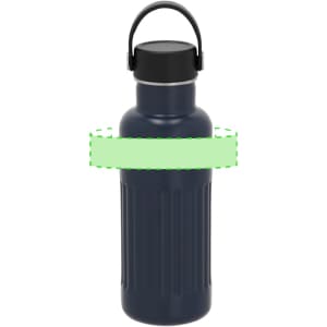 A drink bottle in navy blue with a black lid and carrying handle, featuring a textured design and branding.