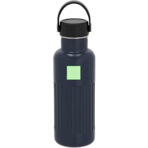 A drink bottle in navy blue with a black lid and side ridges, featuring a small green label or logo.
