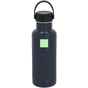 A drink bottle in navy blue with a textured design and a black lid, featuring a logo.