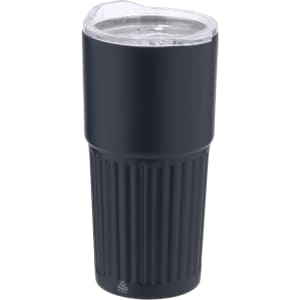 A drink bottle in matte black with a ribbed design and a clear lid, featuring a logo on the surface.