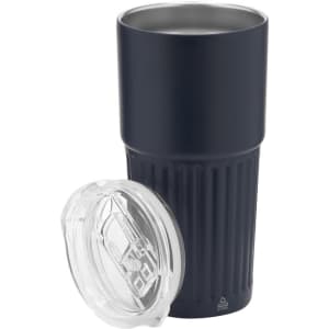 A drink bottle in navy blue with a ribbed design and a clear, fitted lid.