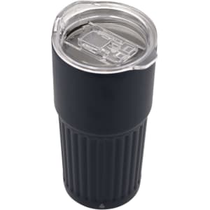 A drink bottle in dark navy with a ribbed design and a clear, sealed lid. It has a logo on the surface.