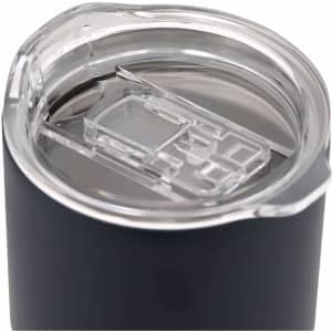 An insulated travel mug in navy blue with a clear lid and sliding closure. Features a logo.