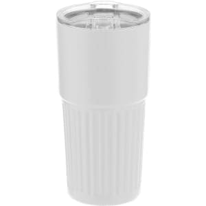 A drink bottle in white with a ribbed design and a transparent lid, featuring a logo.