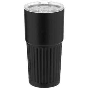A drink bottle with a black insulated exterior and a clear, lid featuring a sipping opening.