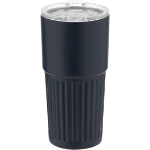 A drink bottle in navy blue with a ribbed texture and a clear lid, featuring a logo on the front.