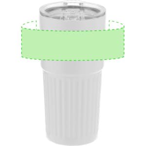 A drink bottle in white with a ribbed design and a clear, lid featuring a slider opening and a logo.