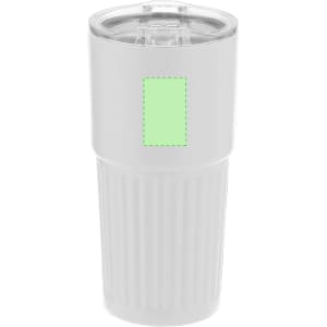 A travel mug with a textured white exterior and a clear lid, featuring a blank area for branding.