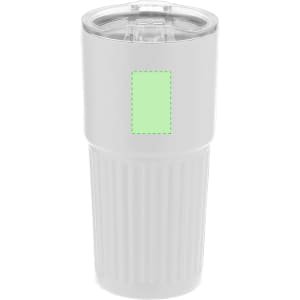 A drink bottle featuring a white insulated cup with ribbed design and a clear lid. It has an empty area for branding.