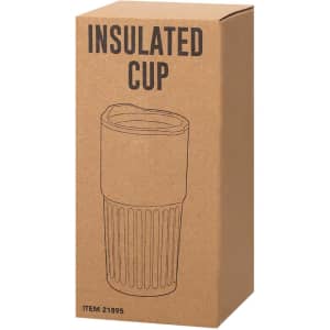 A drink bottle in a cardboard box featuring an insulated cup design with a ribbed texture and a lid.
