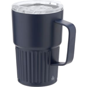 A drink bottle featuring a navy blue insulated mug with a clear lid and a sturdy handle.