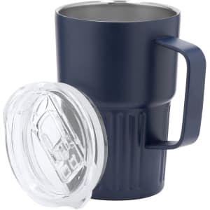 A drink bottle in navy blue with a clear lid and a sturdy handle, featuring a ridged design.