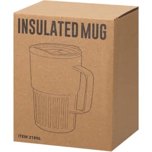 A drink mug with a handle, featuring an insulated design, displayed in a brown cardboard box with a logo.