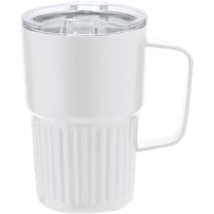 A white insulated travel mug with a ribbed design and a clear lid. It features a sturdy handle and a logo.