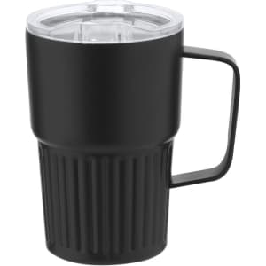A drink bottle featuring a black insulated mug with a transparent lid and a handle. It has a ribbed design.