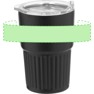 A black insulated travel mug with a textured grip and a clear, removable lid. It features a logo.