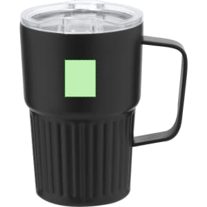 A black insulated mug with a translucent lid and a handle, featuring a small square logo.