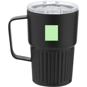 A black insulated travel mug with a clear lid and a handle, featuring a logo.