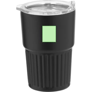 A drink bottle in black with a textured surface and a clear, fitted lid. It features a small, light green logo.