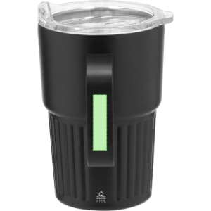 A black insulated travel mug with a clear lid and a green accent, featuring a textured grip and a logo.