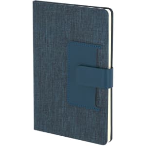 A notepad with a blue linen texture cover and a matching elastic strap closure. It features a minimalist design.