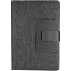 A grey notepad with a textured cover and a black clasp for closure. It features a logo on the front.