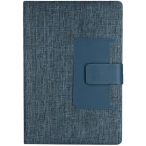 A blue notepad with a textured cover and a matching clasp, featuring a logo on the front.