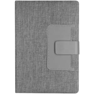 A grey notepad with a textured cover and a grey clasp. It features a branding logo on the front.