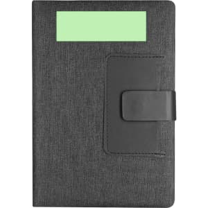 A notepad with a grey fabric cover and a black tab closure, featuring a green label at the top.
