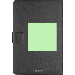 A black notepad with a textured cover featuring a green square and a black closure. It also has a logo on the front.