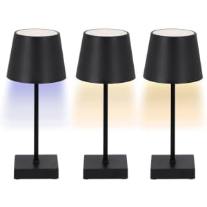 A set of three black lamps with conical shades and square bases, featuring adjustable light colours.