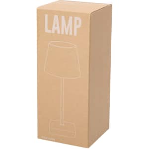 A boxed lamp featuring a simple design with a beige shade and a rectangular base. The box has a logo.