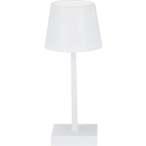 A white lamp with a tapered shade and a square base. It features a simple, modern design.
