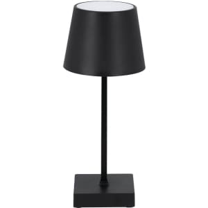A black table lamp with a conical shade and a square base, featuring a sleek, minimalist design.