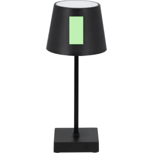 A black lamp with a green rectangular design on the shade, featuring a sturdy square base.