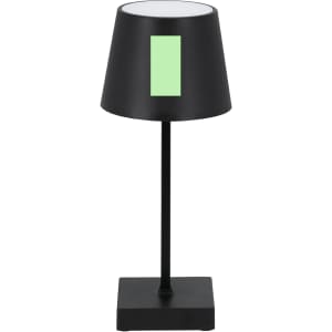 A table lamp with a black base and shade, featuring a green rectangular accent.