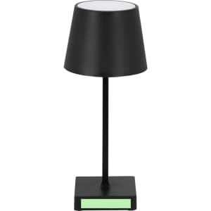 A black lamp with a conical shade and a square base featuring a glow-in-the-dark detail.