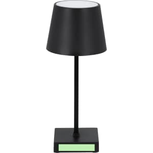 A black lamp with a cylindrical shade and a square base, featuring a green accent. It has a minimalist design.