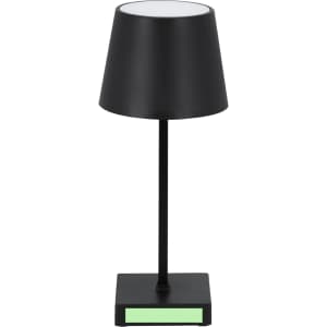 A black table lamp with a conical shade and a square base, featuring a glowing green panel at the bottom.