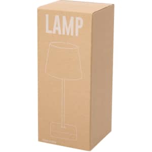 A lamp in a cardboard box featuring a simple design and a light shade. The box includes a logo.